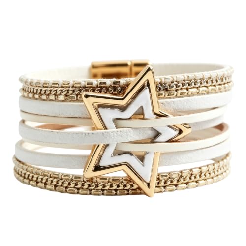 Leather Wrap Bracelets for Women Boho Layered Cuff Bracelets Bling Bohemian Jewelry - color: Gold White