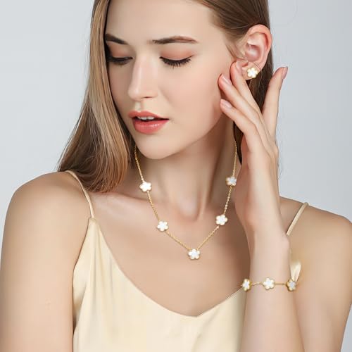 AmorArtSky Lucky Clover Jewelry Set - 18K Gold Plated Flower Design Five Leaf Bracelet, Necklace Pendant, Earrings for Women - Lucky Gifts for Mom, Wife, Daughter, Friends - style: Lucky Clover Jewelry Sets_White