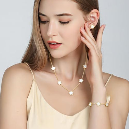 AmorArtSky Lucky Clover Jewelry Set - 18K Gold Plated Flower Design Five Leaf Bracelet, Necklace Pendant, Earrings for Women - Lucky Gifts for Mom, Wife, Daughter, Friends - style: Lucky Clover Jewelry Sets_White