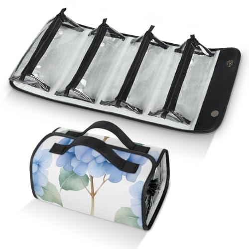 Blue Hydrangeas Hanging Roll Up Cosmetic Bag with 4 Removable Storage Bags Waterproof Foldable Toiletry Kit for Women - color: Multicolor 2