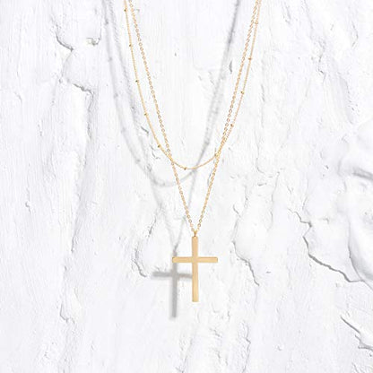 MEVECCO Dainty Pendant Layered Necklaces for Women | 18K Gold Plated Brass, 2-Piece Set With A Choker-Length Upper Layer, Wear Together Or Separately, Refined Everyday Style - style: layer cross