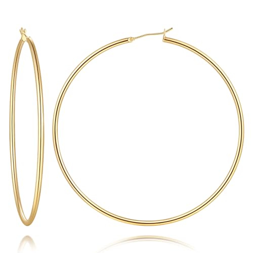 14K Gold Hoop Earrings for Women 14K Gold Earrings for Women | Gold Hoop Earrings for Women Classic Hypoallergenic Lightweight Hoop Earrings for Women 14/16/18/20/25/30/35/40/45/50/60/70mm - size: 70mm