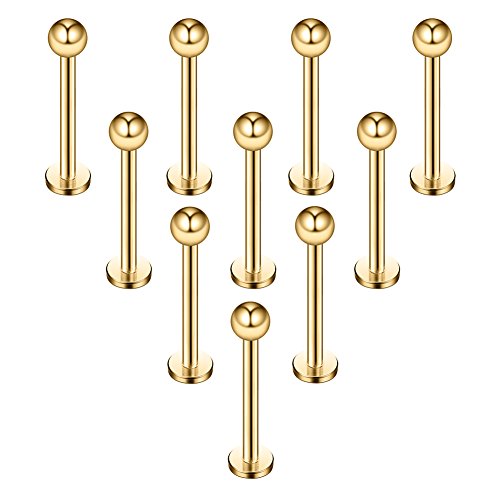 16G 316L Stainless Steel 3mm Ball Labret Monroe Lip Ring Tragus Helix Cartilage Earring Stud Barbell Bar Length 6mm 8mm 10mm 12mm Body Piercing Jewelry - color: Gold, size: 10MM