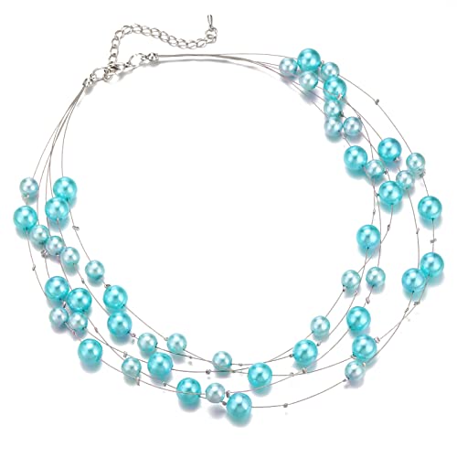 FULU AUTUMN Layered Pearl Necklace Multi-strand Pearl Choker Necklaces for Women Beaded jewelry for Wedding Parties - color: Turquoise