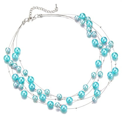 FULU AUTUMN Layered Pearl Necklace Multi-strand Pearl Choker Necklaces for Women Beaded jewelry for Wedding Parties - color: Turquoise