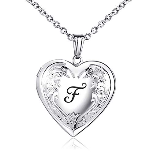 YOUFENG Locket Necklace that Holds Pictures Initial Alphabet A-Z Letter Pendant Necklace Platinum Plated Gifts for Women - style: F