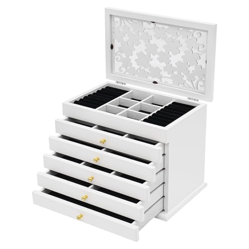 Large Jewelry Box Organizer, 6-layer White Exquisitely Lucky Four Leaf Clover Carving Wooden Jewelry Storage Organizer Boxes for Earring, Ring, Necklace, Bracelets,Women Girls Gifts - color: White, size: 6-Layer