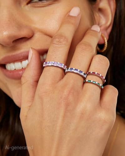925 Sterling Silver 1.5mm Thin Baguette Stackable Rings for Women | Created Ruby/Sapphire/Emerald/Cubic Zirconia,Dainty Wedding Band Birthday Anniversary Jewelry(with Gift Box) - color: 01-Created Amethyst & CZ