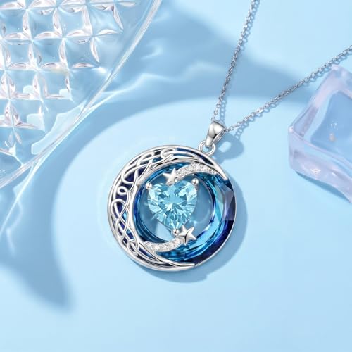 Birthstone Necklace for Women Crystal Moon and Star Pendant White Gold Celtic Moon Jewelry Birthday Graduation Gifts for Wife Her - style: Moon-3