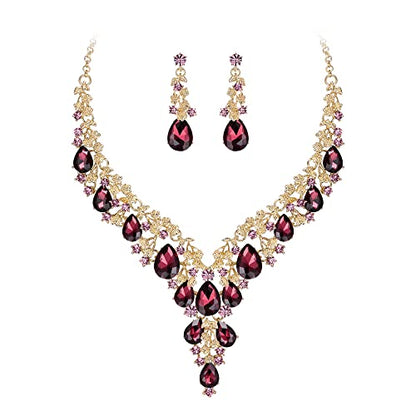 BriLove Women's Wedding Bridal Austrian Crystal Teardrop Flower Cluster Statement Necklace Dangle Earrings Jewelry Set for Party Prom - color: 2Pcs-Deep Amethyst Color Gold-Tone