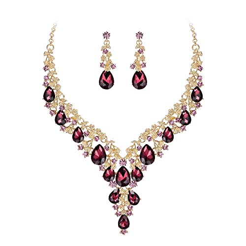 BriLove Women's Wedding Bridal Austrian Crystal Teardrop Flower Cluster Statement Necklace Dangle Earrings Jewelry Set for Party Prom - color: 2Pcs-Deep Amethyst Color Gold-Tone