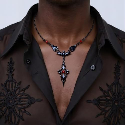 Slip Chain Choker for Women Handmade Black Stainless Steel Cuban Chain Chunky Moon Bat Raven Skull Pendant Gothic Punk Rock Collar Adjustable Lariat Y Necklace for Men - style: Bat cross