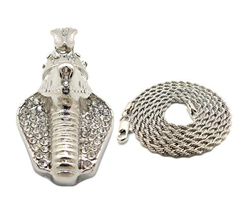 Fashion 21 Unisex Iced Out King Crowned Cobra Snake Pendant 24" Various Chain Necklace in Gold, Silver Tone - color: Silver / 2mm 24" Rope Chain