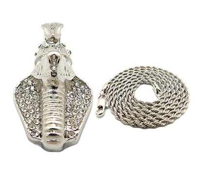Fashion 21 Unisex Iced Out King Crowned Cobra Snake Pendant 24" Various Chain Necklace in Gold, Silver Tone - color: Silver / 2mm 24" Rope Chain