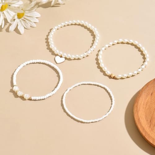Pearl Bracelets for Women Simulated Pearl Beaded Bracelet White Pearls Stackable Stretch Bracelet Set Multilayered Elastic Pearls Bracelets for Women Bridesmaid Bridal Jewelry - color: white heart