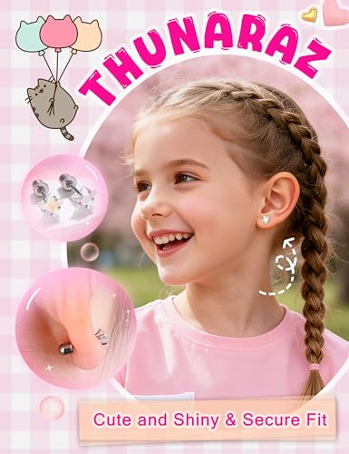 THUNARAZ 16 Pairs Hypoallergenic Earrings for Girls Kids Stud Earrings Set | Surgical Stainless Steel, Sensitive Ears Friendly, 20G Heart Flower Ball Stud Earrings Set for Girls and Kids - style: Screw Back