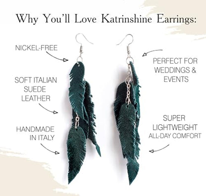 Leather Feather Earrings, Suede layered earrings, boho wedding jewelry, summer earrings, gift for her, dangle earrings - color: Dark green