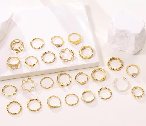 15-25 Pcs Chunky Gold Rings Set for Women, Stackable Finger Midi Rings, Dainty Gold Stacking Statement Womens ring pack - color: A-Gold-25Pcs