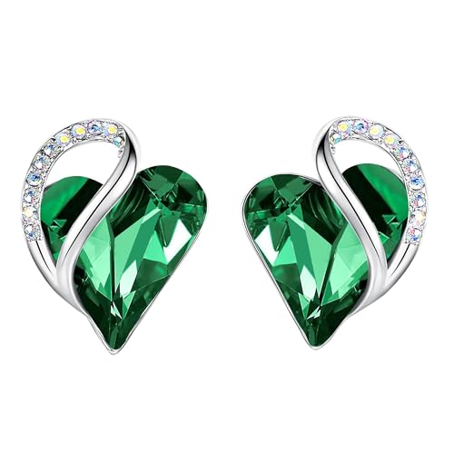Infinity Love Heart Stud Earrings for Women, Birthstone and Healing Stone, Gifts for Mom, Wife, and Her, Silver Plated - color: 05-May-Emerald Green