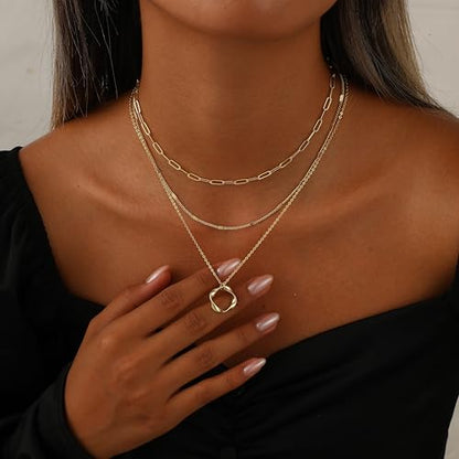 Layered Necklaces for Women 14K Gold Plated Stack Circle Pendant Trendy Long Chain Stackable Handmade Coin Necklace Set Dainty Gold Stacked Jewelry Gifts - color: Gold-8