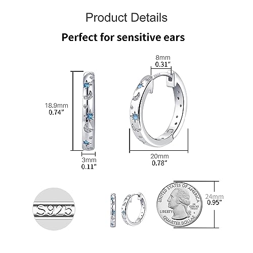 JSGEMSLEE Hypoallergenic Cubic Zirconia Hoop Earrings for Women 925 Sterling Silver Huggie Hoops Earrings CZ Earrings Jewelry Gifts - color: Star Moon Hoop