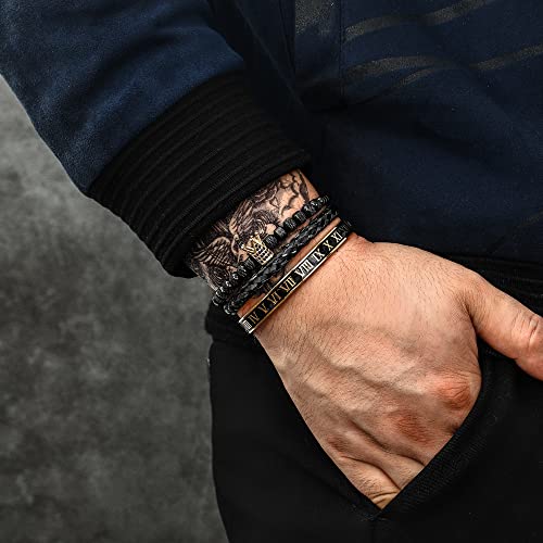 WFYOU 3PCS Stainless Steel Imperial Crown Bracelets for Men Gold Roman Numeral Bangle Bracelet Adjustable Cuff Bracelet Mens Luxury Jewelry Gifts - style: 02:Black & Gold-Roman Numeral