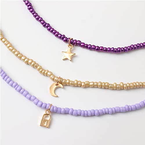 Handmade Multilayered Rainbow Colorful Beads Link Chain Moon Star Butterfly Pendant Choker Necklace Friendship Creative Beach Costume Jewelry for Women - color: Purple