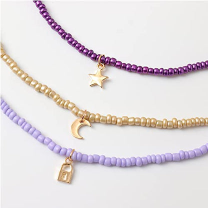 Handmade Multilayered Rainbow Colorful Beads Link Chain Moon Star Butterfly Pendant Choker Necklace Friendship Creative Beach Costume Jewelry for Women - color: Purple