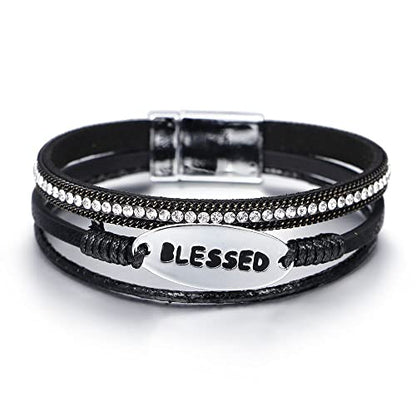 Bohemian Faux Leather Wrap Multi Layer Statement Bracelet Cross Christian Religious Leatherette Cuff Crystal Rhinestone Metallic Bead Inspirational Bracelets - color: F
