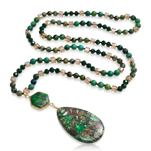 Gmai Boho Necklace for Women Long Beaded Pendant Necklace Natural Stone Teardrop pendant Jewelry Festival Vacation Gift Everyday Handmade Unique Statement Necklace - color: green