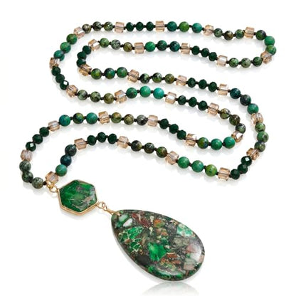 Gmai Boho Necklace for Women Long Beaded Pendant Necklace Natural Stone Teardrop pendant Jewelry Festival Vacation Gift Everyday Handmade Unique Statement Necklace - color: green