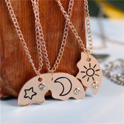 3pcs Friendship Moon Sun Star Puzzle Matching Necklace Set Gold Silver Plated Cute Crescent Round Circle Geometric Best Friend BFF Pendant Necklace for 3 Women Sisters Daughter Birthday Jewelry Gifts - color: Gold