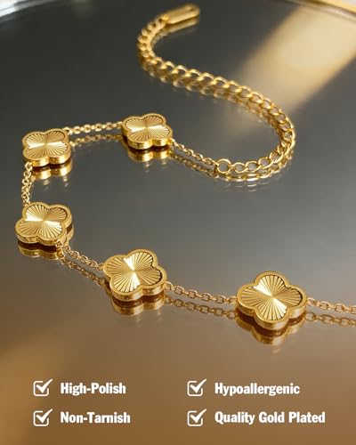 Four Leaf Clover Bracelet 18K Gold Plated Bracelets for Women Lucky Flower Design Stainless Steel Hypoallergenic Link Chain Adjustable Dainty Trendy Jewelry Gifts for Women - color: Golden