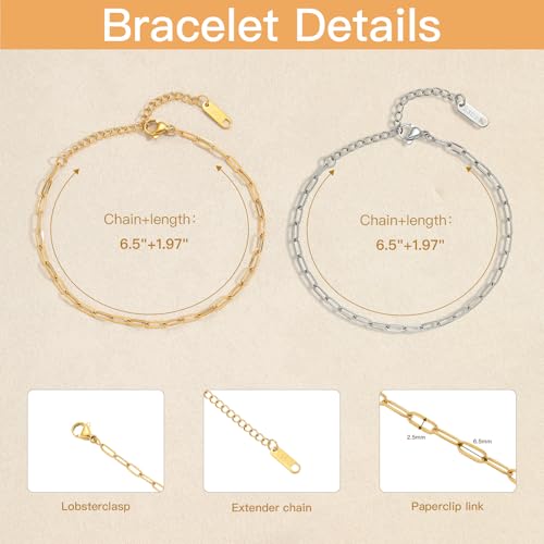 Swyabi 10 PCS Gold Silver Paperclip Bracelet Chains Bulk for Jewelry Making | 18K Stainless Steel, with Extender, No Fade, No Rust, Adjustable, for Men Women DIY, 6.5 Inch - color: 2.5x6.5mm Gold Silver