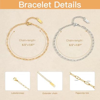 Swyabi 10 PCS Gold Silver Paperclip Bracelet Chains Bulk for Jewelry Making | 18K Stainless Steel, with Extender, No Fade, No Rust, Adjustable, for Men Women DIY, 6.5 Inch - color: 2.5x6.5mm Gold Silver