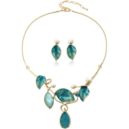 Vintage Statement Jewelry Set - Chunky Flower Floral Plant Geometric Resin Bib Necklace Earring Set Bohemian Boho Crystal Rhinestone Fashion Jewelry for Women Bridal Party Prom Unique Gift - style: MLJS2609-Blue