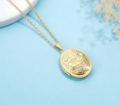 YOUFENG Oval Round Flower Locket Necklace that Holds Pictures Photo Locket Pendant - style: Oval Gold-plated