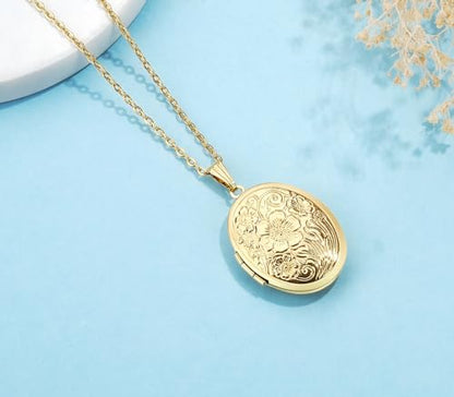 YOUFENG Oval Round Flower Locket Necklace that Holds Pictures Photo Locket Pendant - style: Oval Gold-plated
