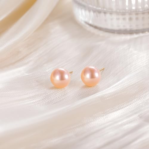 EAMTI Pearl Earrings for Women Trendy 18K Gold Plated Sterling Silver Freshwater Cultured Pearl Stud Earrings Hypoallergenic 5.5-9.5MM - color: Peach-pink, size: 8.6-9.5mm