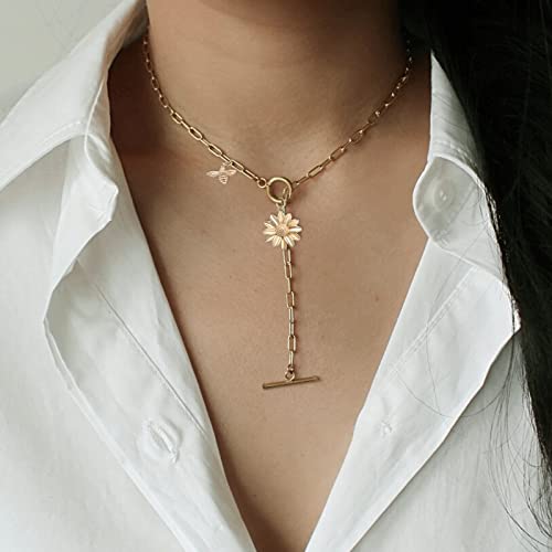 DoreenBeads 18K Gold Sun Moon Star Compass Pendant Necklace | Chunky Toggle Paperclip Chain Necklace with Heart Daisy Bee Charms for Women Girls 20 Inches - color: Daisy & Bumblebee