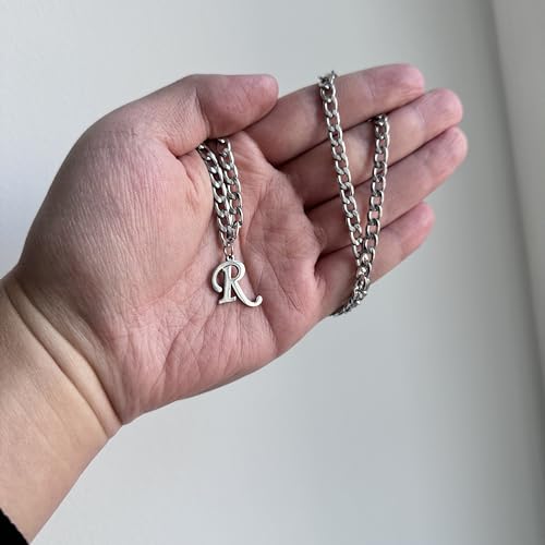 Stainless Steel Initial A-Z Necklace for Men Women,Cuban Chain,Titanium Steel Initial Letter Pendant Charm Necklaces Accessories Jewelry for Woman Man,21 Inch Chain - color: R