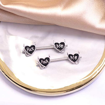 Letter Nipple Ring 14G 316L Surgical Steel Nipple Barbell Heart Shape Devil Body Piercing Jewelry for Women Men - color: black F