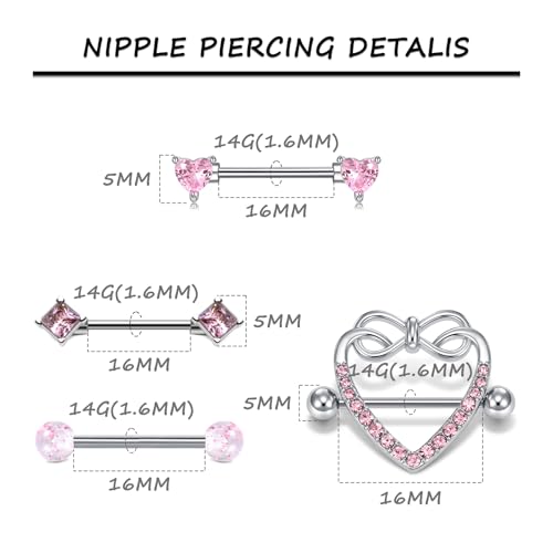 AceFun 5 Pairs 14G Nipple Rings Stainless Steel Heart Butterfly Bow Opal Flower CZ Stud Barbell Set Cute Nipplerings Shields Piercing Jewelry for Women Pink Blue Red Tone Body Jewelry - color: Pink