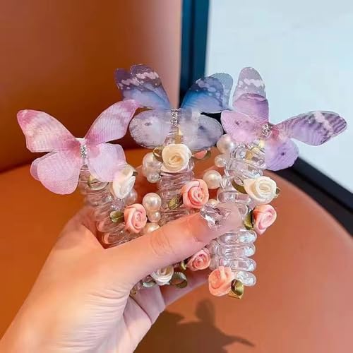 5pcs Telephone Wire Hair Bands Spiral Hair Ties,Pearl Telephone Cord Hair Ties Hair Scrunchies Decorative Hair Ties No Damage Ponytail Holders,Butterfly Flowers Beaded Hair Ties for Women Girl
