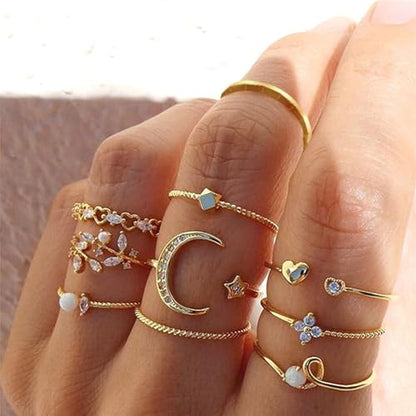 Gold Stackable Ring Set for Women, Dainty Fashion Rings Set with Pearl, Crystal, Heart, Bow and Wave Design, Trendy Midi Finger Rings Jewelry Gift - color: A3