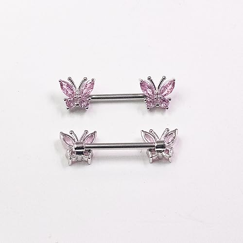 VERAMI 14G Stainless Steel Heart Nipple Rings and Barbell - Butterfly, Starlight Acrylic Ball, Tongue Rings for Women and Men - color: PINK BUTTERFLY