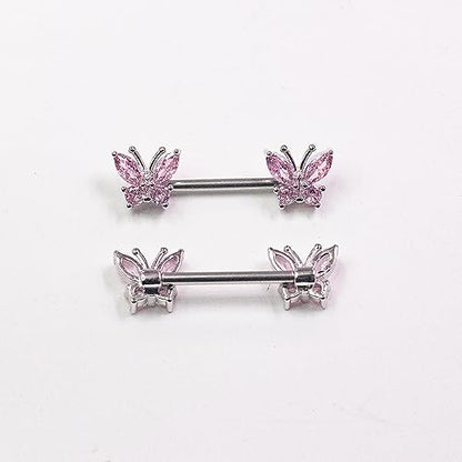 VERAMI 14G Stainless Steel Heart Nipple Rings and Barbell - Butterfly, Starlight Acrylic Ball, Tongue Rings for Women and Men - color: PINK BUTTERFLY