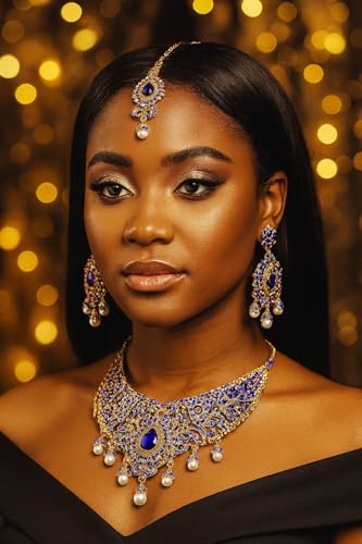 Touchstone Indian jewelry sets for women tikka wedding necklace costume guest statement bollywood rhinestones crystal faux pearls gold big royal neck piece set bridal fashion accessories - color: Blue