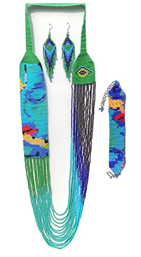 Weavish Layered Beaded Necklace – Boho Native Handmade Seed Bead Tassel Necklace, Bohemian Large Statement Beaded Necklace for Women - color: Green
