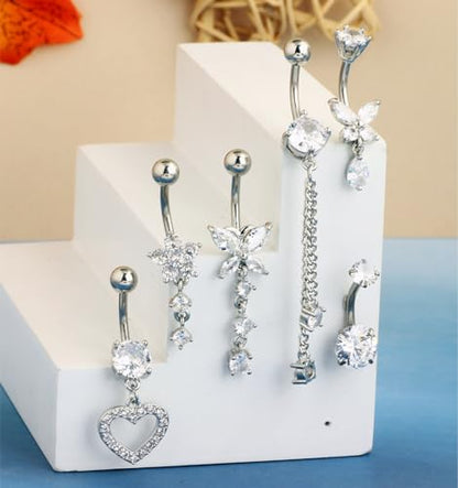 TIANCI FBYJS Surgical Stainless Steel Dangle Belly Button Rings for Women Belly Ring Dangling Piercing Jewelry with Heart Flower Butterfly Silver 14G - color: silver